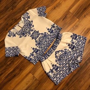 Blue Tile Print Crop Top w/ Shorts Outfit